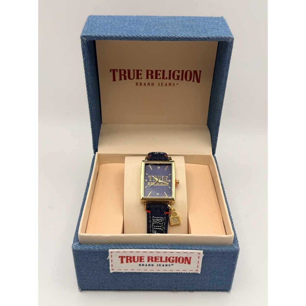 True Religion Women's Gold Navy Denim Strap Watch Rectangular Lock Charm TRL100